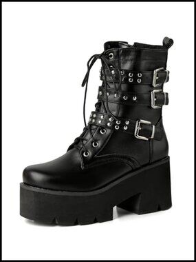 Goth Chunky Platform Ankle Boots Lace Up High Heel Motorcycle Boots with Chain